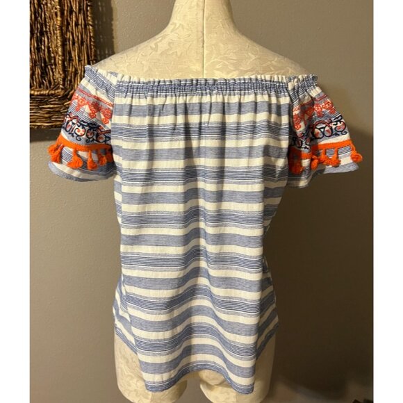 THML Top Blue Orange Ivory S Small Tassel Embroidered Cotton Off Shoulder - Picture 6 of 8